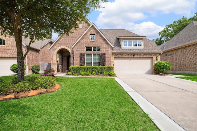 view of front of home with a front yard and a garage