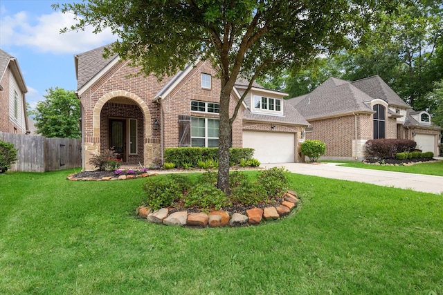 view of front of property with a garage and a front lawn