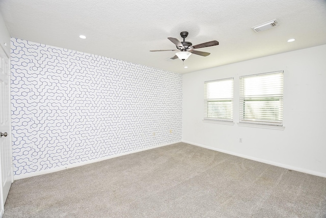 spare room featuring carpet, ceiling fan, and a textured ceiling