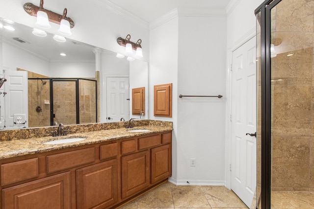 bathroom with ornamental molding, a shower with door, tile patterned flooring, and vanity