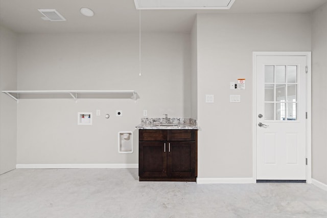 laundry room with hookup for a gas dryer, cabinets, electric dryer hookup, washer hookup, and sink