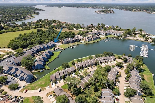 bird's eye view with a water view