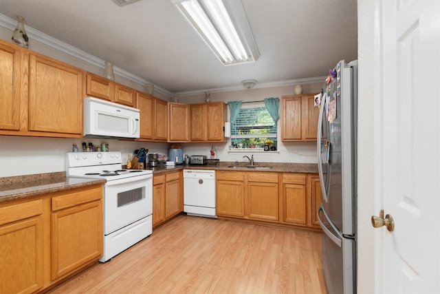 kitchen featuring sink, white appliances, light wood-type flooring, and crown molding