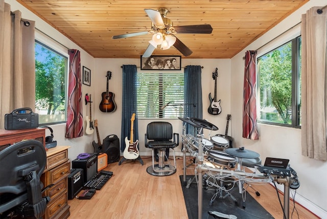 workout area featuring ornamental molding, ceiling fan, light hardwood / wood-style floors, and wood ceiling