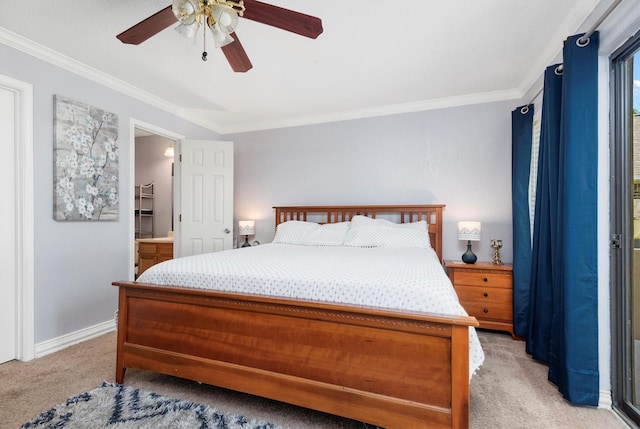 bedroom featuring ceiling fan, light carpet, and crown molding