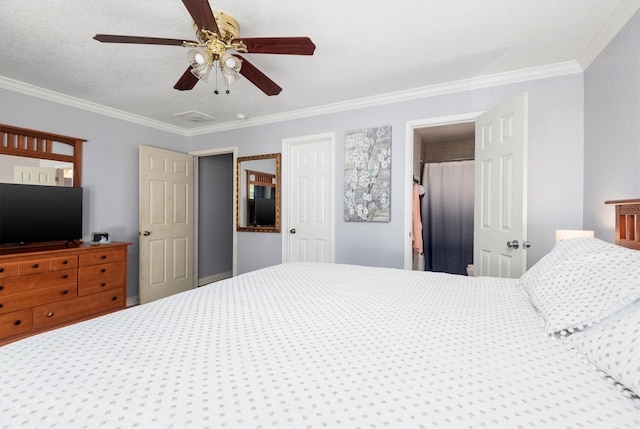 bedroom with ceiling fan and ornamental molding