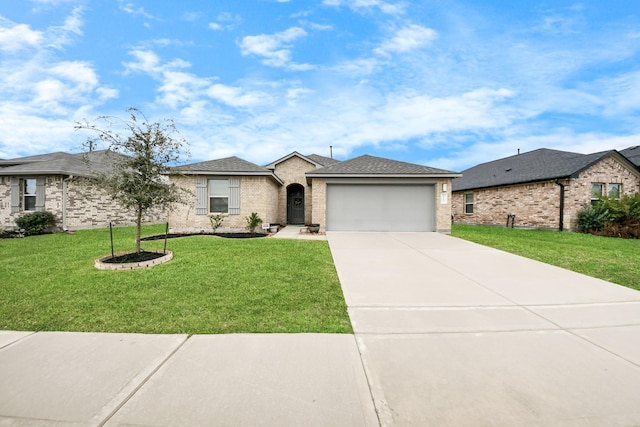 ranch-style home with a front yard and a garage