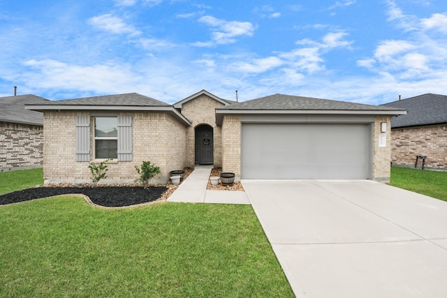 ranch-style home with a front lawn and a garage