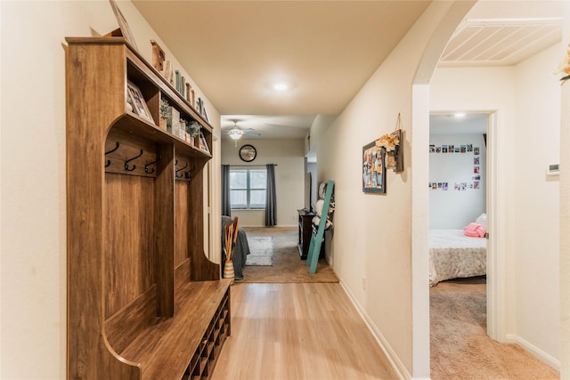 mudroom featuring light hardwood / wood-style floors and ceiling fan