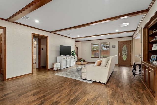 living room featuring crown molding, beamed ceiling, and dark hardwood / wood-style floors