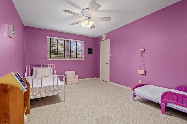 bedroom featuring carpet floors and ceiling fan