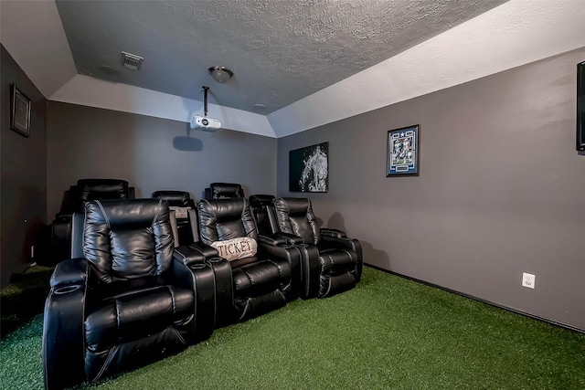 home theater featuring a raised ceiling, carpet, and a textured ceiling