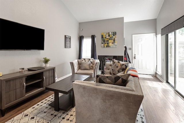 living room featuring lofted ceiling, a healthy amount of sunlight, and light hardwood / wood-style floors