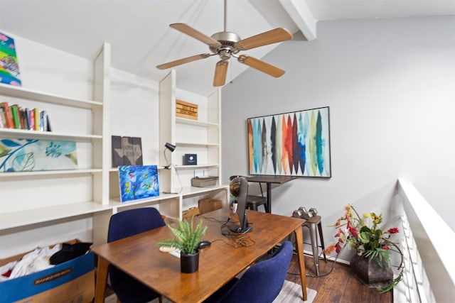 office space with ceiling fan, lofted ceiling with beams, and dark hardwood / wood-style flooring