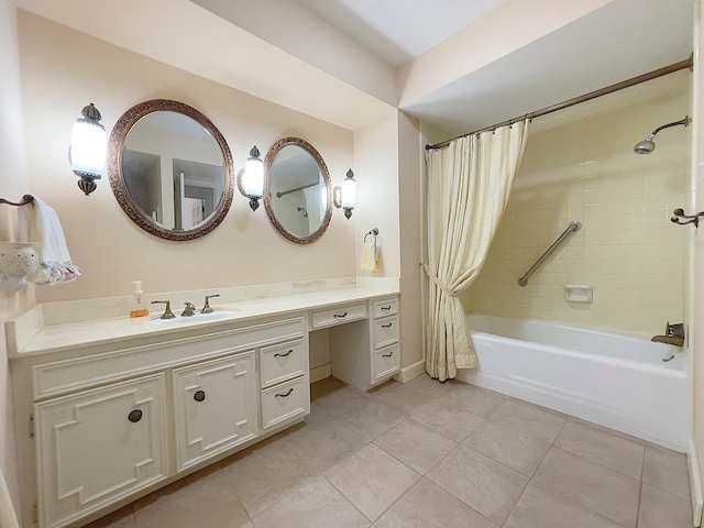 bathroom with tile patterned floors, vanity, and shower / tub combo