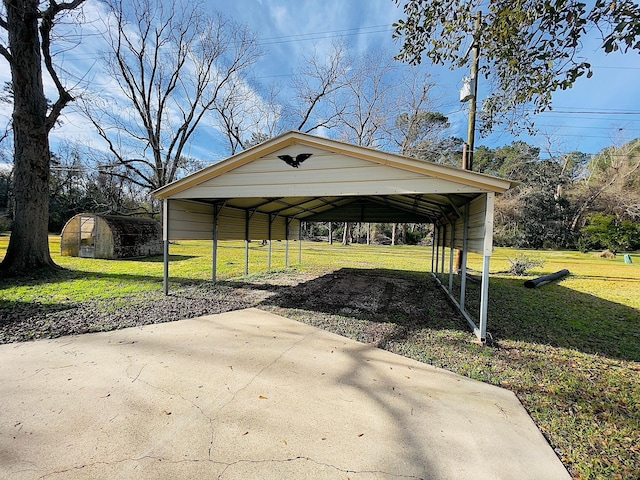 view of parking with a carport and a lawn