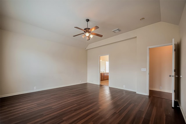 empty room with baseboards, visible vents, lofted ceiling, ceiling fan, and dark wood-type flooring