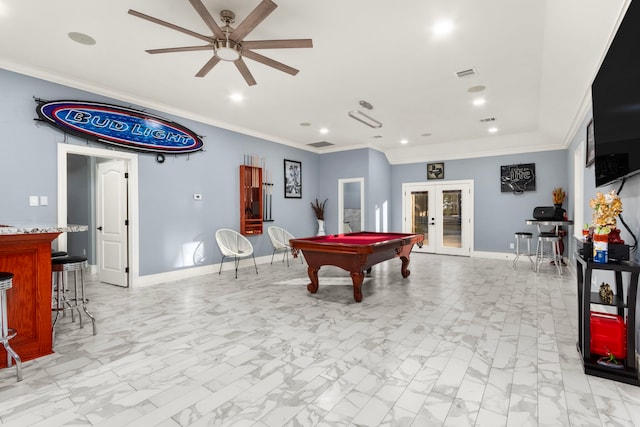 recreation room featuring ceiling fan, ornamental molding, pool table, and french doors