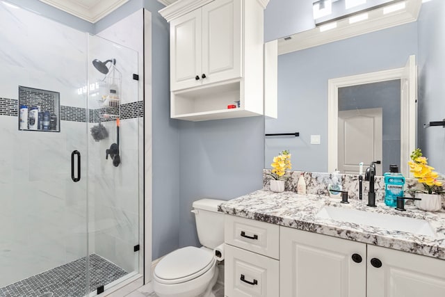 bathroom featuring toilet, ornamental molding, walk in shower, and vanity