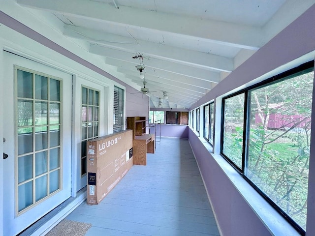 corridor featuring vaulted ceiling with beams and wood-type flooring