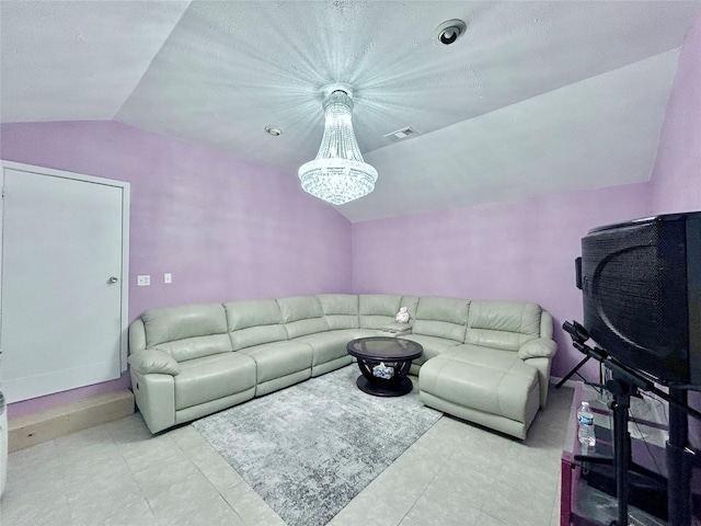 living room with lofted ceiling and a chandelier