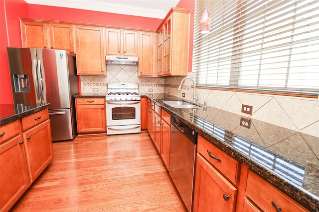 kitchen with sink, ornamental molding, light hardwood / wood-style floors, decorative backsplash, and appliances with stainless steel finishes