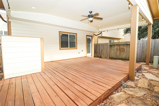 wooden terrace featuring ceiling fan