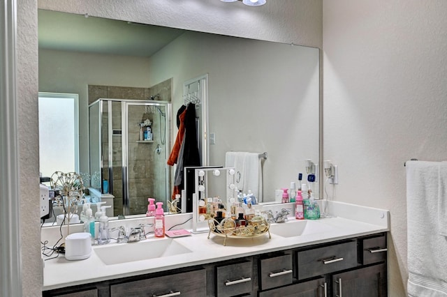 bathroom with a shower with door and vanity