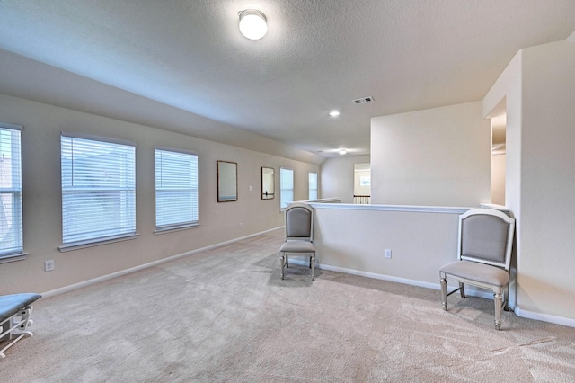 sitting room with a textured ceiling, a healthy amount of sunlight, and light colored carpet