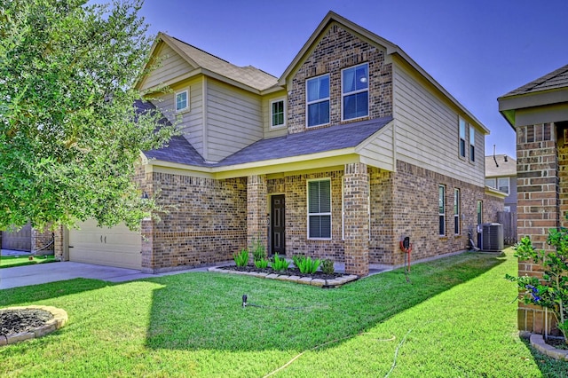 view of front property with a garage, central AC unit, and a front yard