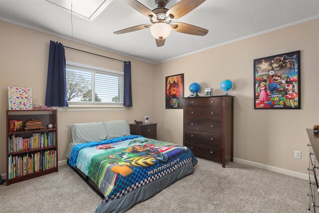 bedroom with light carpet, crown molding, and ceiling fan