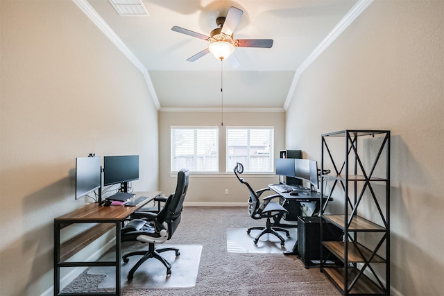 carpeted office featuring ceiling fan, ornamental molding, and lofted ceiling