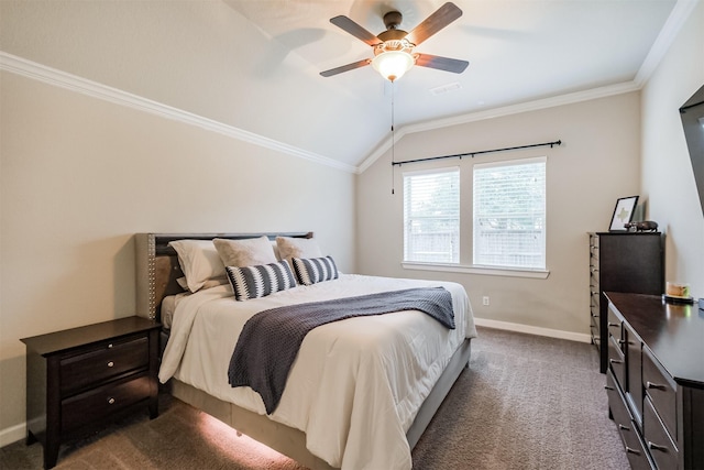 bedroom with vaulted ceiling, ceiling fan, crown molding, and dark carpet