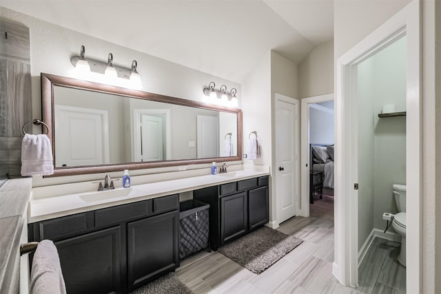 bathroom with toilet, lofted ceiling, and vanity