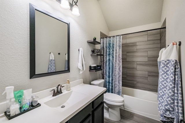 full bathroom with toilet, shower / bath combination with curtain, and vanity