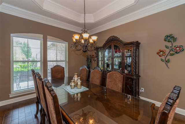 dining room featuring a tray ceiling, crown molding, and dark wood-type flooring