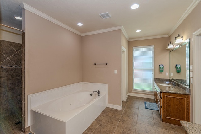 bathroom with tile patterned flooring, separate shower and tub, crown molding, and vanity