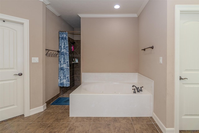 bathroom with tile patterned flooring, crown molding, and plus walk in shower