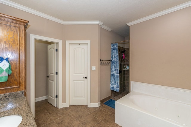 bathroom with vanity, tile patterned flooring, crown molding, and plus walk in shower