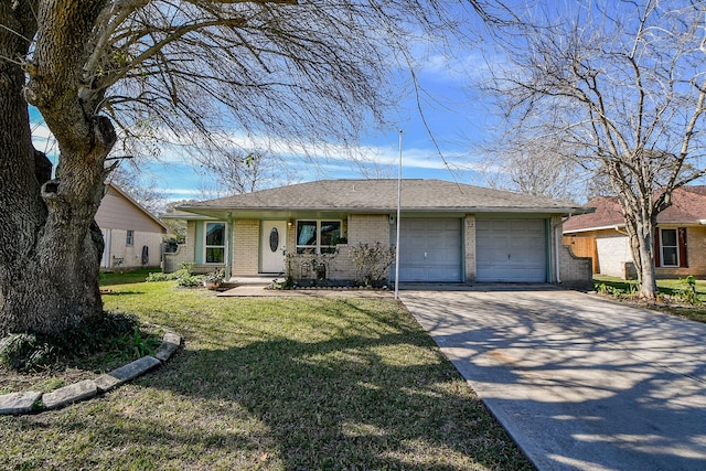 ranch-style home with a porch, a front yard, and a garage