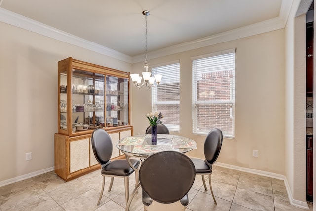 tiled dining space with an inviting chandelier and ornamental molding