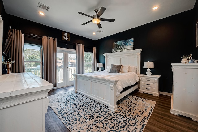 bedroom featuring ceiling fan, dark wood-type flooring, french doors, and access to exterior