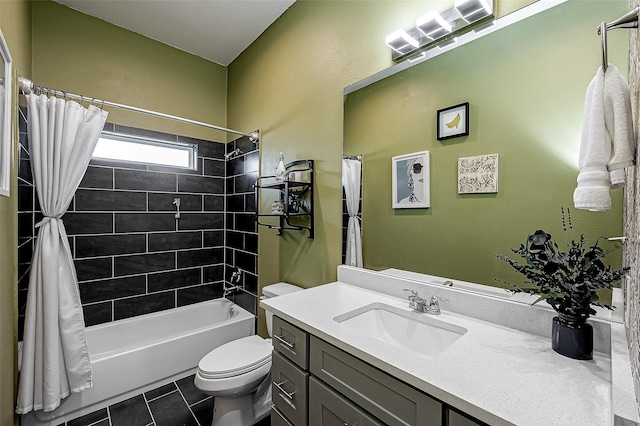 full bathroom featuring toilet, tile patterned floors, shower / tub combo with curtain, and vanity