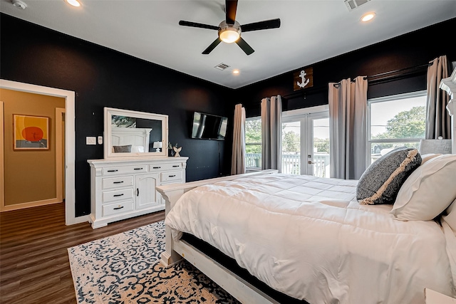 bedroom with french doors, dark hardwood / wood-style flooring, ceiling fan, and access to outside