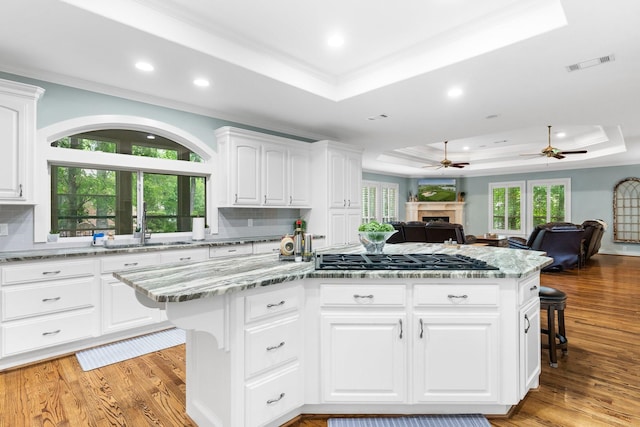 kitchen featuring a raised ceiling, a center island, light wood-type flooring, and white cabinetry