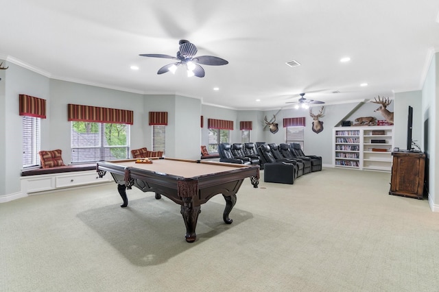 playroom featuring pool table, light colored carpet, ornamental molding, and plenty of natural light