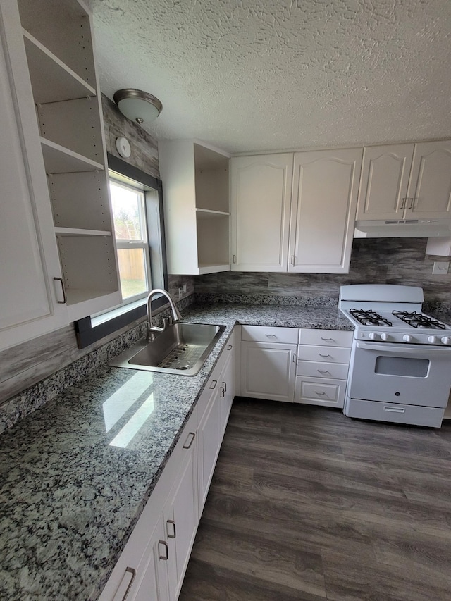 kitchen with tasteful backsplash, sink, white cabinetry, dark wood-type flooring, and white gas stove