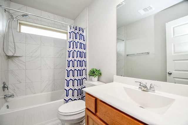 full bathroom with toilet, vanity, and shower / bath combo with shower curtain