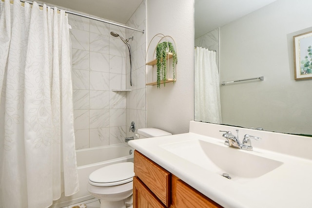 full bathroom featuring toilet, vanity, and shower / tub combo with curtain