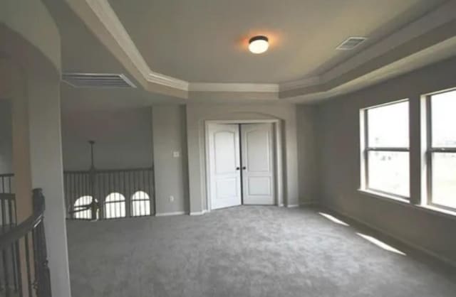 empty room with a tray ceiling, ornamental molding, and carpet flooring